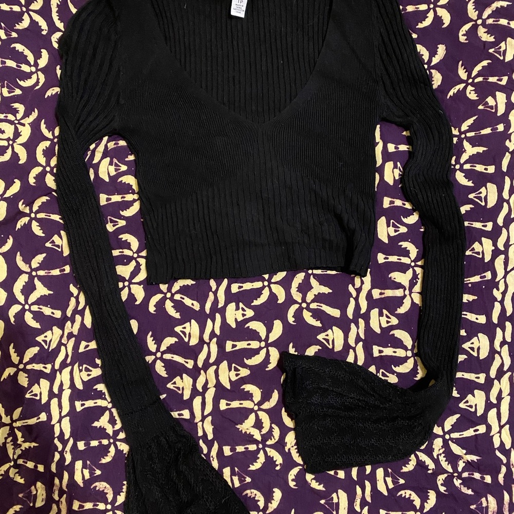 Urban Outfitters Black Ribbed Long Sleeve Crop Blouse